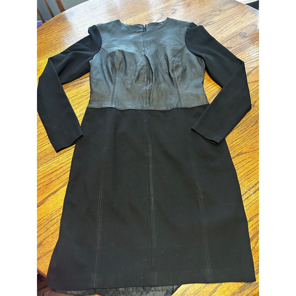 Antonio Melani Black Genuine Leather Mixed Media Sheath Dress Long Sleeve Sze 10